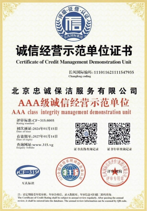 诚信经营示范单位证书